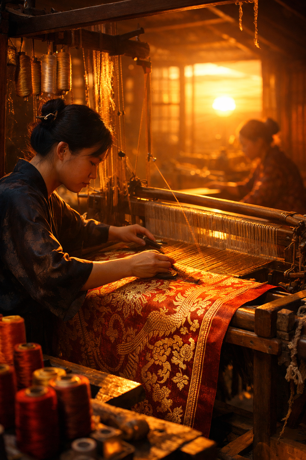 Chinesische Weberin fertigt edlen Brokatstoff in traditioneller Handarbeit auf Holzwebstuhl im goldenen Licht des Sonnenuntergangs – Sinodreams Luxus Handwerkskunst und kulturelle Eleganz.